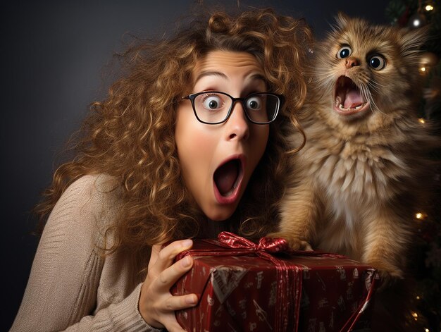 Delizia festiva Una donna sorpresa con un regalo di Natale in mano