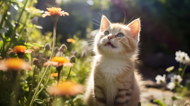 Delizia in giardino soleggiato con un gattino