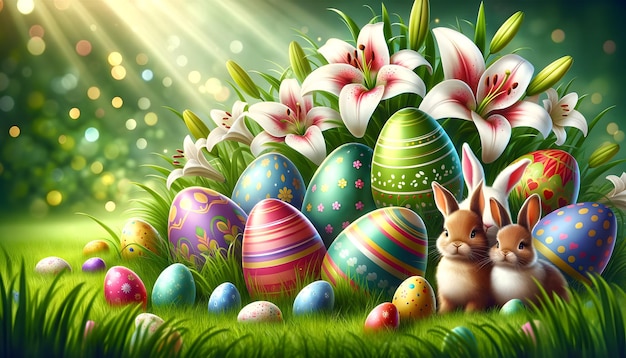 Delizia primaverile Giardino di uova di Pasqua stravagante con conigli giocosi e gigli in fiore