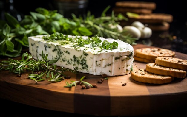 Delizia salata al formaggio di capra su tavola di cedro AI generativa