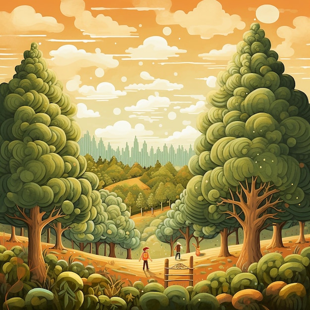 Delizia stravagante Il campo di un contadino malizioso in un'incantevole illustrazione con alberi torreggianti e a
