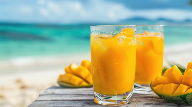 Delizia tropicale sulla spiaggia Cocktail di succo di mango fresco servito in bicchieri sullo sfondo della spiaggia