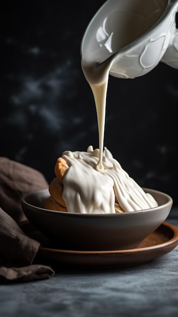 Delizia vellutata Coppa di cremoso gelato alla vaniglia con una cascata di ricca salsa al cioccolato, un piacere decadente per i sensi