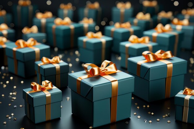 Deliziatevi nello spirito festivo con le scatole regalo di Natale in tonalità di blu disposte contro un vibrante