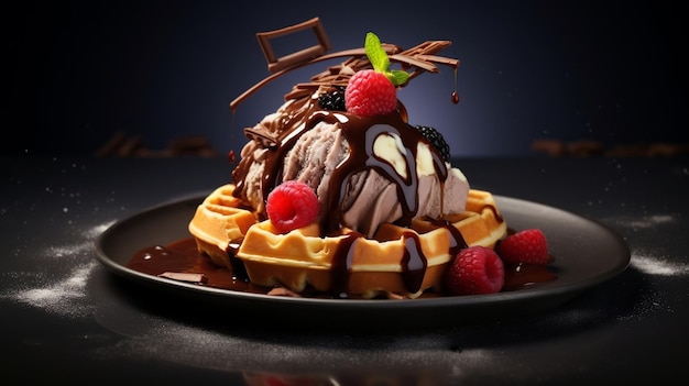 Delizie deliziose Illustrazione 3D della salsa al cioccolato e dei waffle conditi con gelato