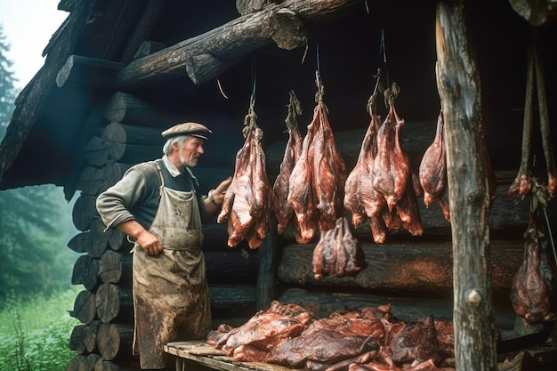 Delizie di carne Il banco della macelleria vanta rosse carni di manzo crudo e saporite carni di maiale affumicate che rappresentano il lato fresco e saporito della cucina tradizionale