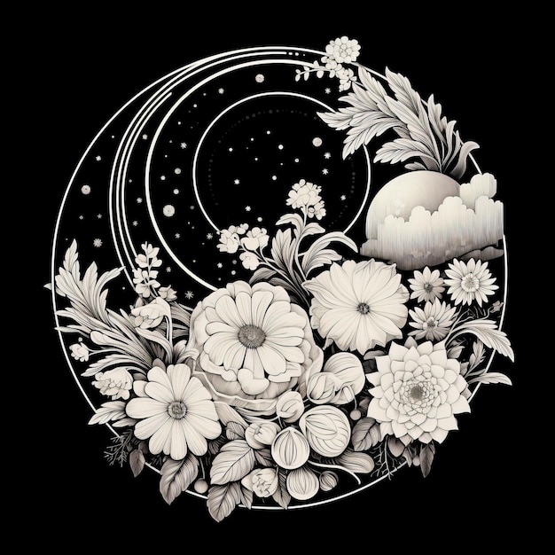 Delizie eteree Meravigliatevi con l'intricato bouquet di fiori selvatici bagnato dal chiaro di luna