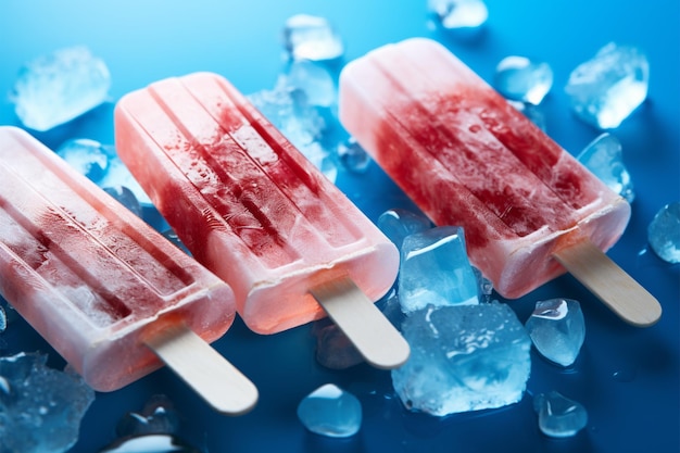 Delizie refrigerate ghiaccioli e cubetti di ghiaccio su una superficie blu