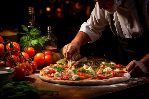 Delizie Tradizionali Pizzaiolo al Lavoro Creando una Pizza Napoletana Rustica nel Forno a Legna