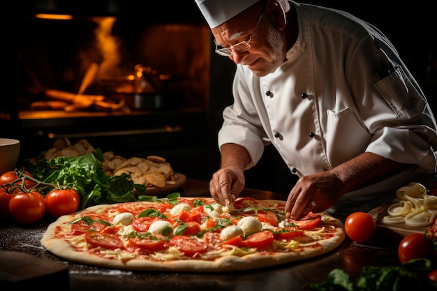 Delizie Tradizionali Pizzaiolo al Lavoro Creando una Pizza Napoletana Rustica nel Forno a Legna