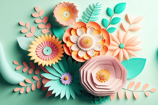 Deliziosa applique di fiori di carta di rendering d nei toni del verde rosa pastello generativa ai