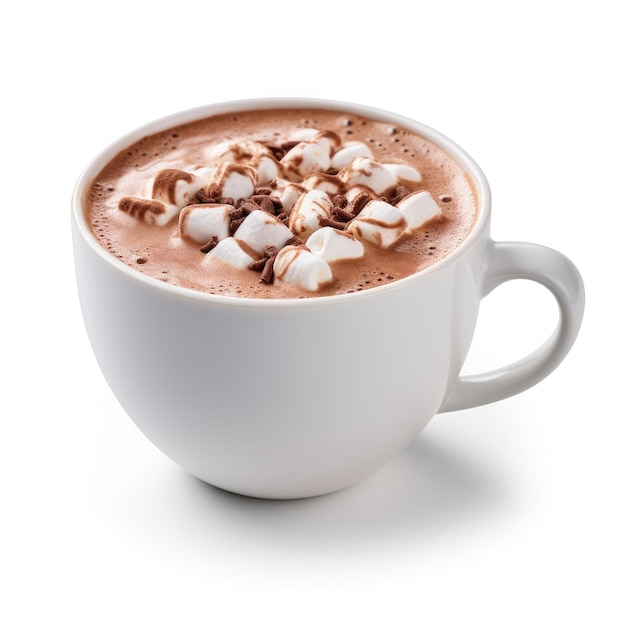 deliziosa bevanda moka al cacao caldo con marshmallow su sfondo bianco