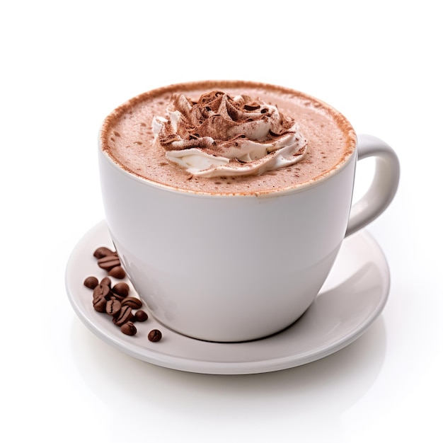 deliziosa bevanda moka al cacao caldo con marshmallow su sfondo bianco