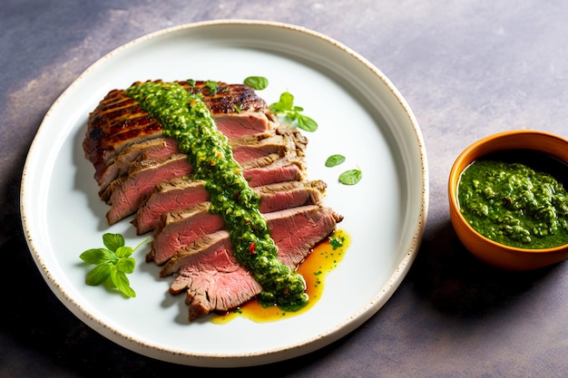 Deliziosa bistecca di fianco di tostatura incompleta su piatto bianco con salsa chimichurri