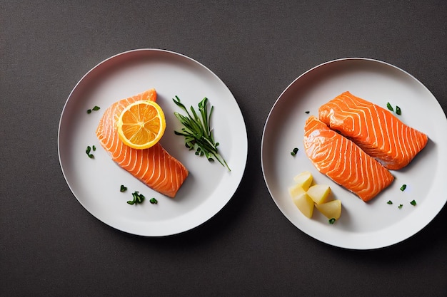 Deliziosa bistecca di salmone cucinata fresca con insalata di patate al limone