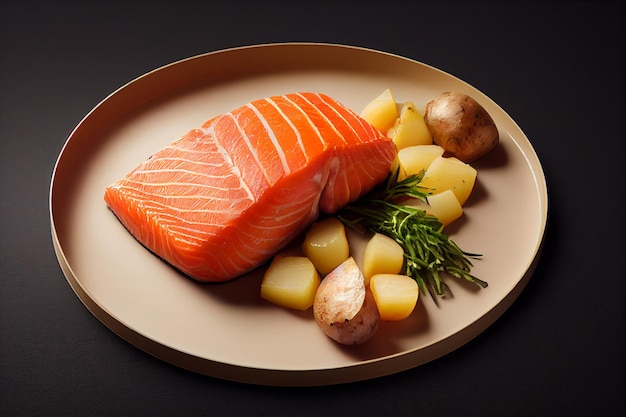 Deliziosa bistecca di salmone cucinata fresca con insalata di patate al limone