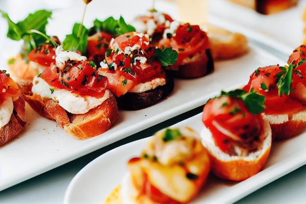 Deliziosa bruschetta di verdure con pomodori mozzarella e basilico sul piatto bianco