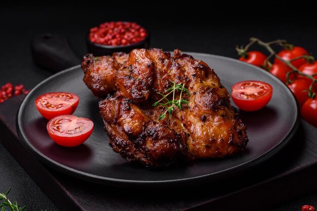 Deliziosa carne di pollo al forno con sale spezie ed erbe su uno sfondo di cemento scuro