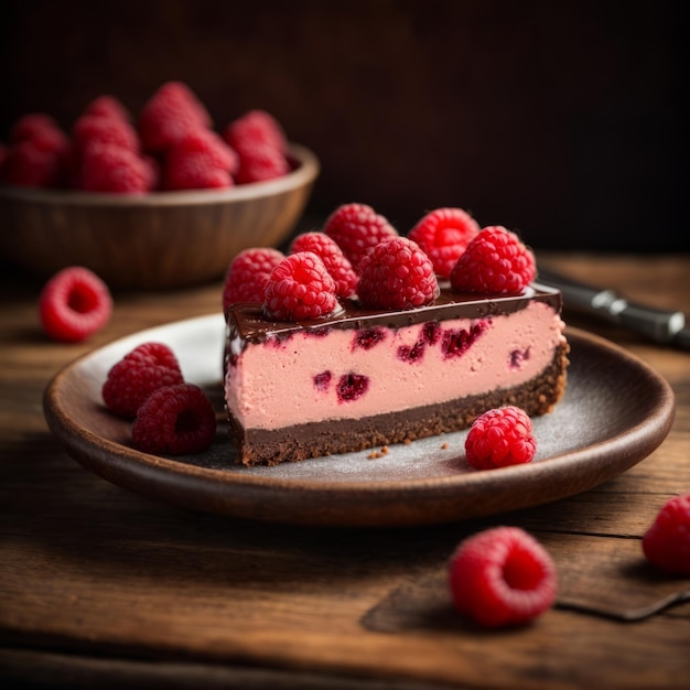 Deliziosa cheesecake al cioccolato e lamponi su durian rustico da tavolo in legno