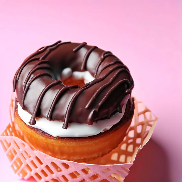 Deliziosa ciambella al cioccolato con glassa bianca in tazza di wafer dolce su sfondo rosa