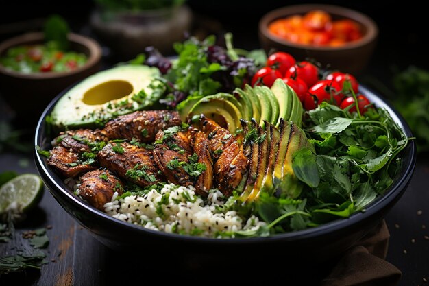 Deliziosa ciotola di Buddha con pollo alla griglia e avocado