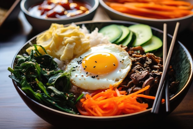 deliziosa ciotola di riso bibimbap fatta in casa è una deliziosa combinazione di ingredienti freschi e variou