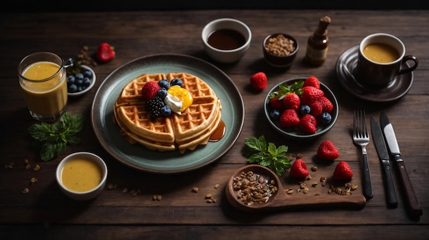 deliziosa colazione a base di waffle con frutti di bosco sul tavolo di legno