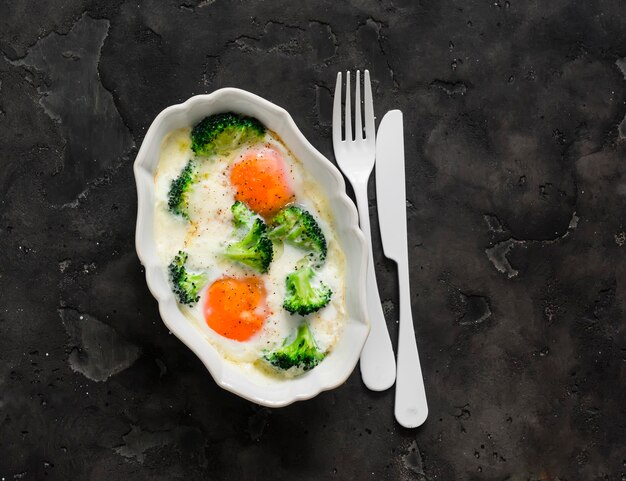 Deliziosa colazione brunch uova al forno con broccoli e mozzarella su uno sfondo scuro vista dall'alto