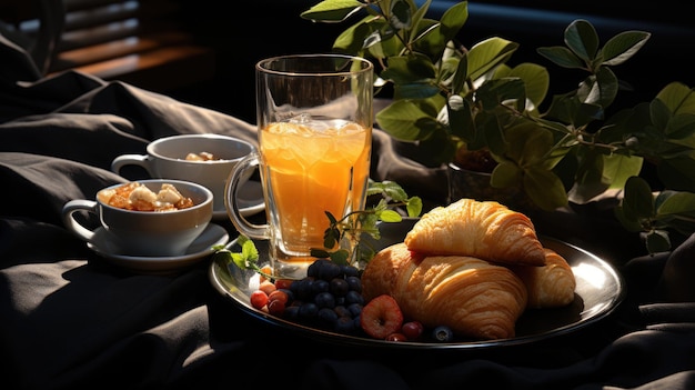 Deliziosa colazione con croissant freschi e caffè servito con burro e miele AI Generato