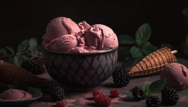 Deliziosa coppa di gelato con lampone, mirtillo e fragola generata dall'intelligenza artificiale