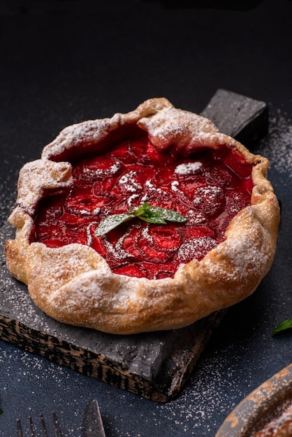 Deliziosa crostata di fragole fatta in casa in stile rustico dolce fresco