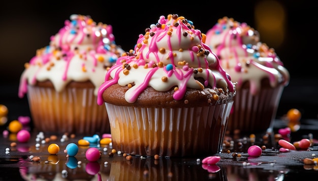 Deliziosa cupcake fatta in casa decorata con glassa rosa e decorazioni di caramelle generate dall'intelligenza artificiale