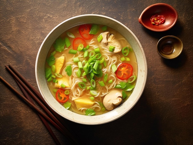 Deliziosa e nutriente scodella di zuppa con tagliatelle e verdure sul tavolo IA generativa