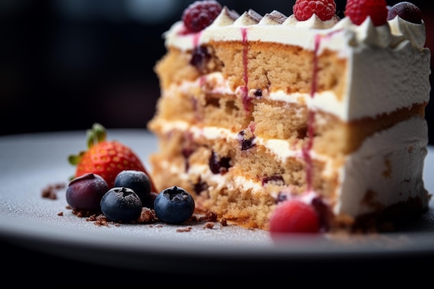 Deliziosa fetta di torta ai frutti di bosco sul piatto bellissimo piatto gustoso e gustoso, condimento per torta dolce da dessert decorato