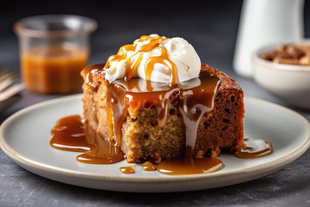 Deliziosa fetta di torta alla banana condita con una cucchiaiata di panna montata e un filo di salsa al caramello