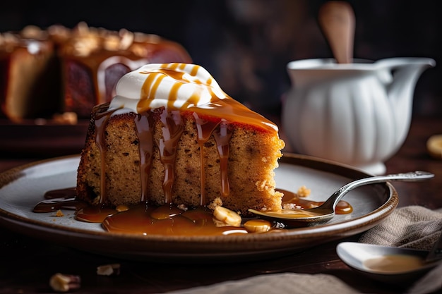 Deliziosa fetta di torta alla banana condita con una cucchiaiata di panna montata e un filo di salsa al caramello