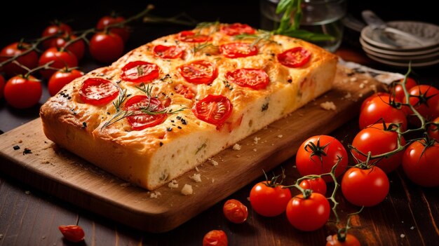 deliziosa focaccia fresca al forno con pomodori su uno sfondo scuro