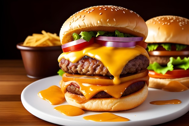 Deliziosa fotografia di hamburger Sfondo di cibo Immagine AI generata
