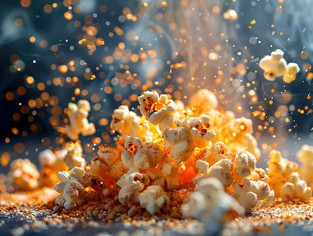 Deliziosa fotografia di popcorn esplosione di sapori studio illuminazione studio sfondo ben illuminato colori vivaci focalizzazione acuta fotografia artistica di alta qualità unica premiata
