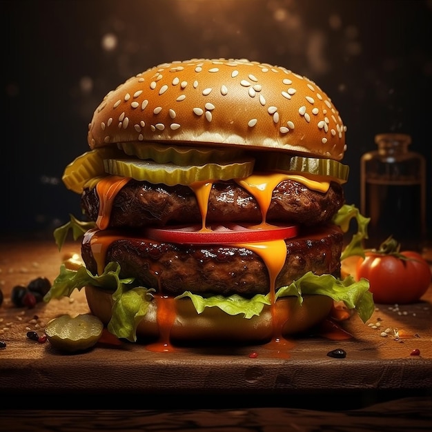 Deliziosa illustrazione di hamburger con verdure realistiche e formaggio IA generativa