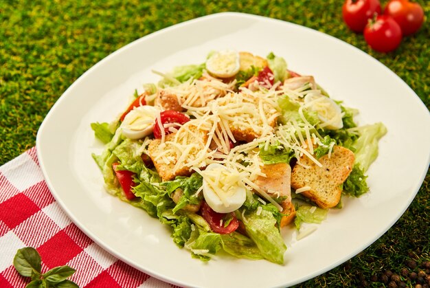 Deliziosa insalata caesar con parmigiano, crostini di pane fatti in casa e condimento.