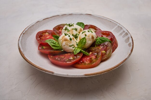 Deliziosa insalata caprese in un piatto leggero in ceramica da vicino