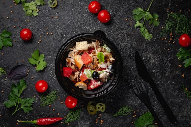 Deliziosa insalata con pollo, olive ed erbe fresche, un'insalata fresca nel menu di un ristorante fast food su un tavolo di pietra scura. Opzione salutare di fast food.