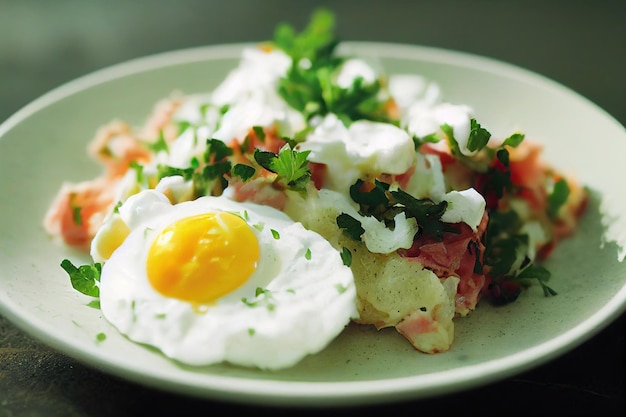 Deliziosa insalata di patate dorate con uova strapazzate e cipolle verdi tritate