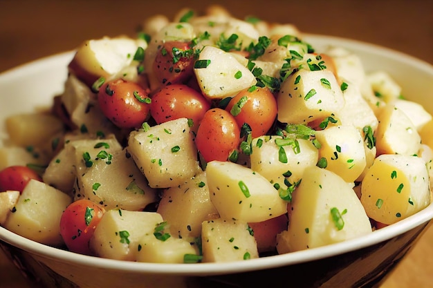 Deliziosa insalata di patate e verdure con pomodorini