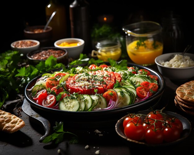 Deliziosa insalata di verdure con pomodori cetrioli peperoni ravanelli e formaggio tante erbe e salse con tortine generate dall'intelligenza artificiale