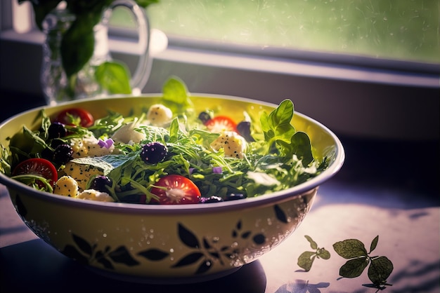 Deliziosa insalata di verdure sana pronta per la cena la sera Illustrazione colorata e realistica Ai generato