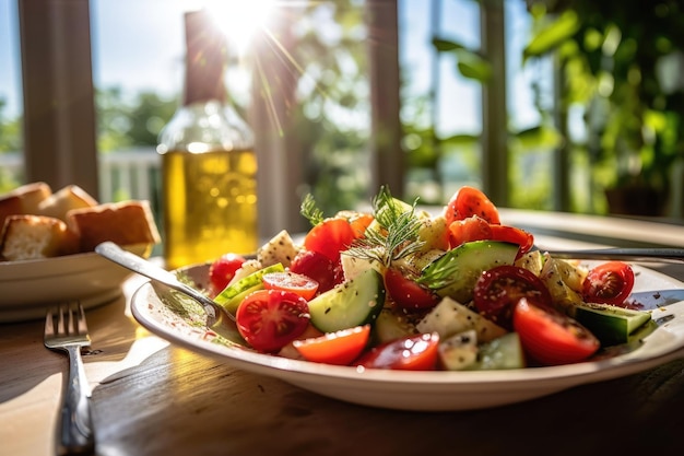 Deliziosa insalata greca con verdure fresche e feta in insalate alla piastra