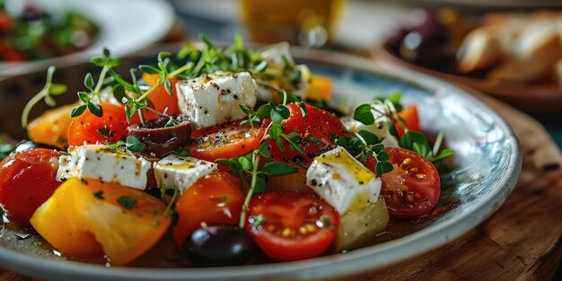 Deliziosa insalata greca con verdure fresche e feta in piatti di insalata