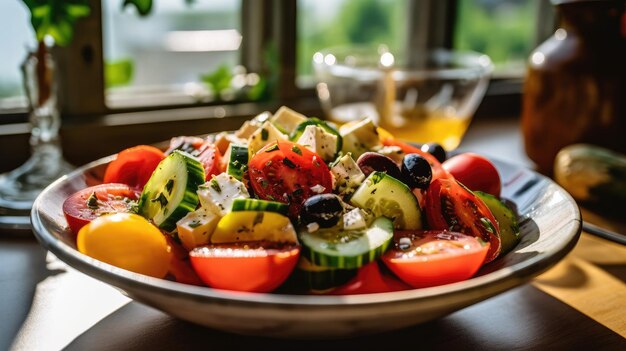 Deliziosa insalata greca con verdure fresche e feta in piatti di insalata